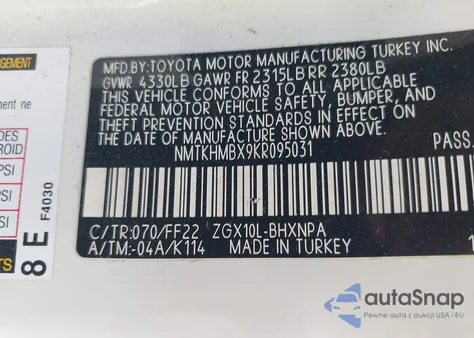 2019 Toyota C-Hr Xle из США, поврежденный, VIN NMTKHMBX9KR095031